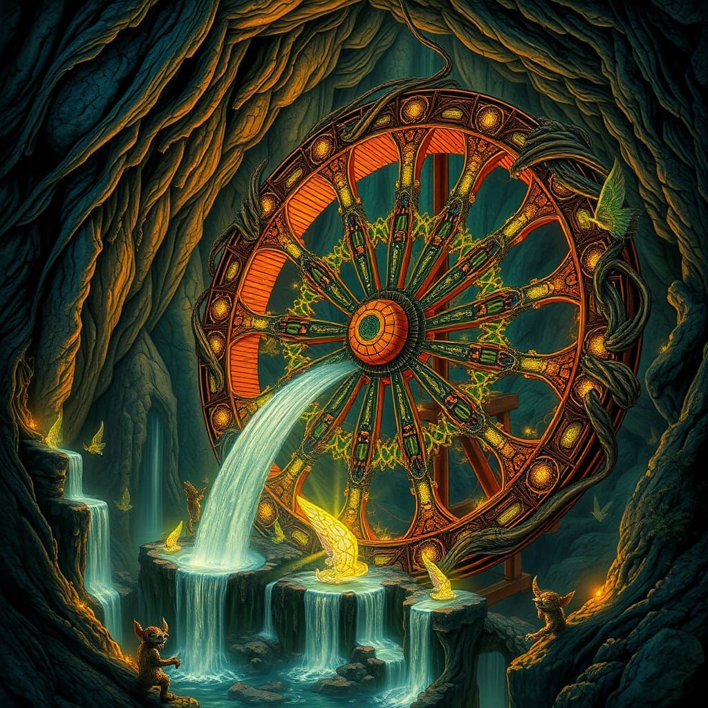 Majestic Waterwheel in Bioluminescent Cavern