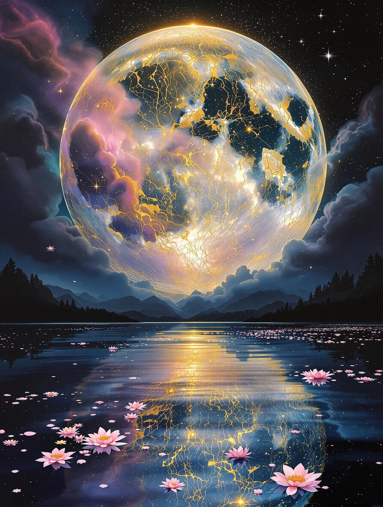 Moonlit Lake in Iridescent Splendor