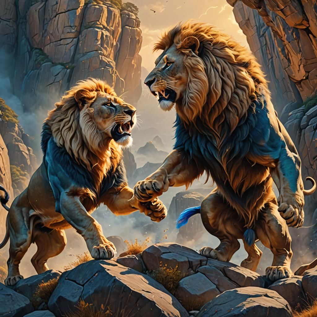 Lions Clash on Cliffside: A Fantasy Matte Painting