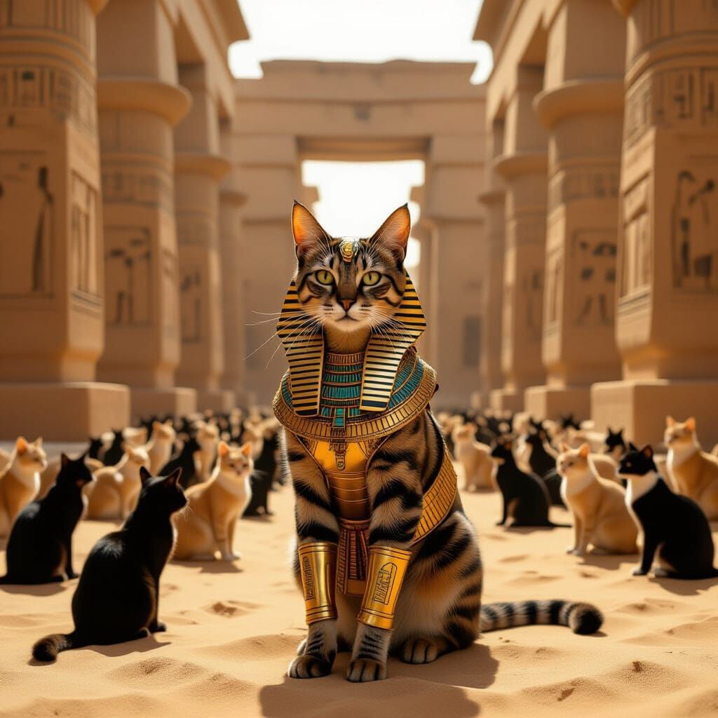 Egyptian Cat in Golden Armor in Pharaonic Temple