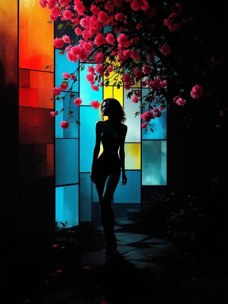 Abstract Pin-Up Figure with Geometric Garden Scene