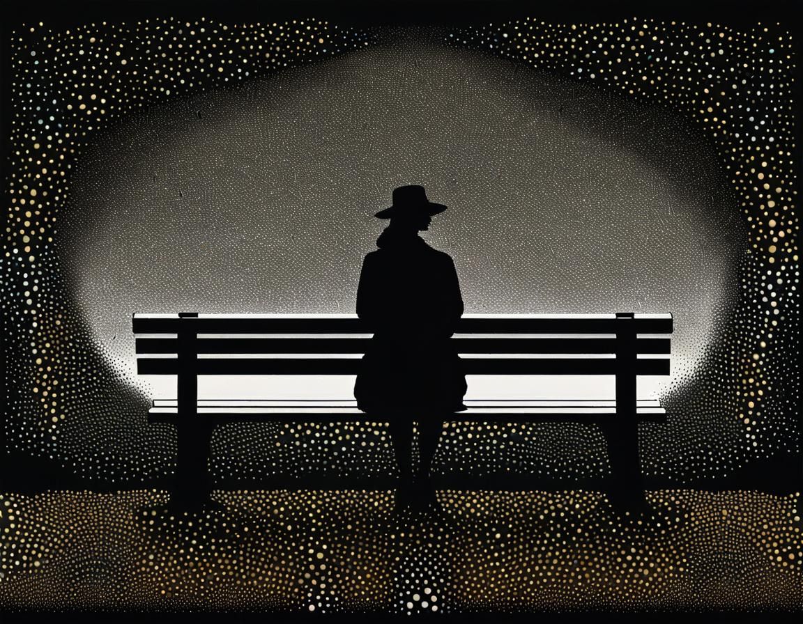 Pointillist Woman on Bench with Dot Art Textures
