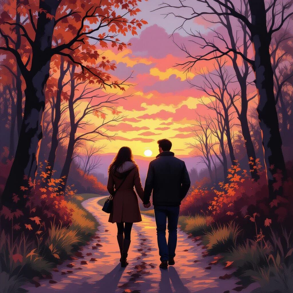 Romantic Couple Stroll at Sunset in Impressionistic Style