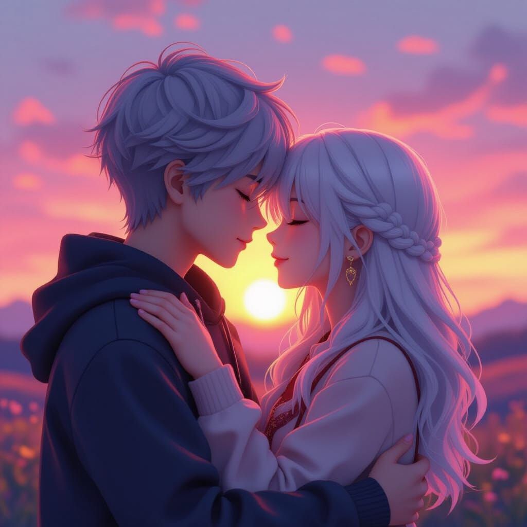 Sunset Embrace: Tender Romance in Anime Style