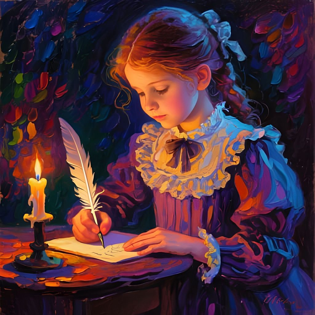 Victorian Girl Writing by Candlelight: Impasto Painting