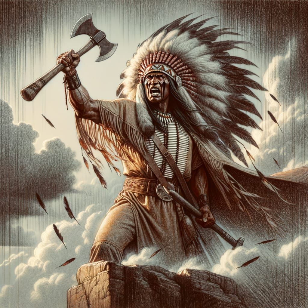 Fierce Native American Warrior Color Pencil Sketch