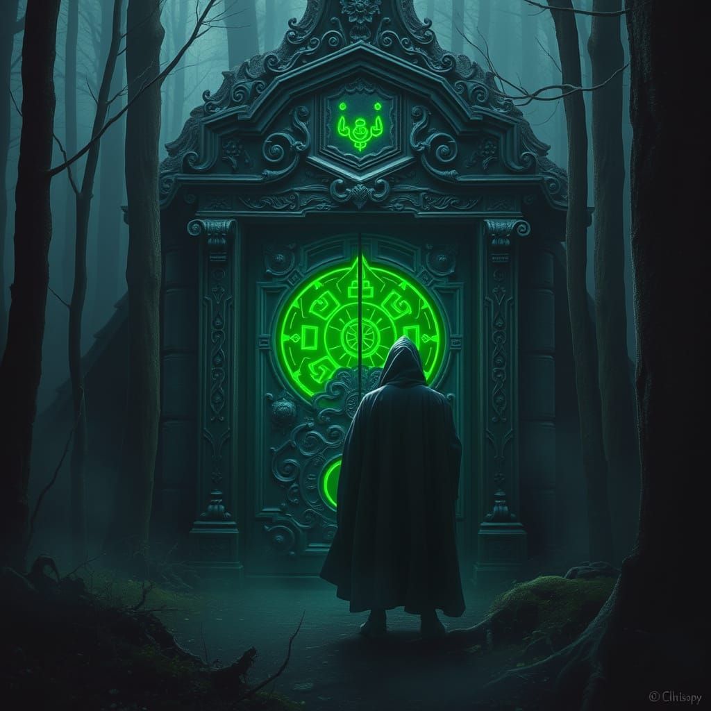 Mysterious Figure at Ornate Door in Misty Woods
