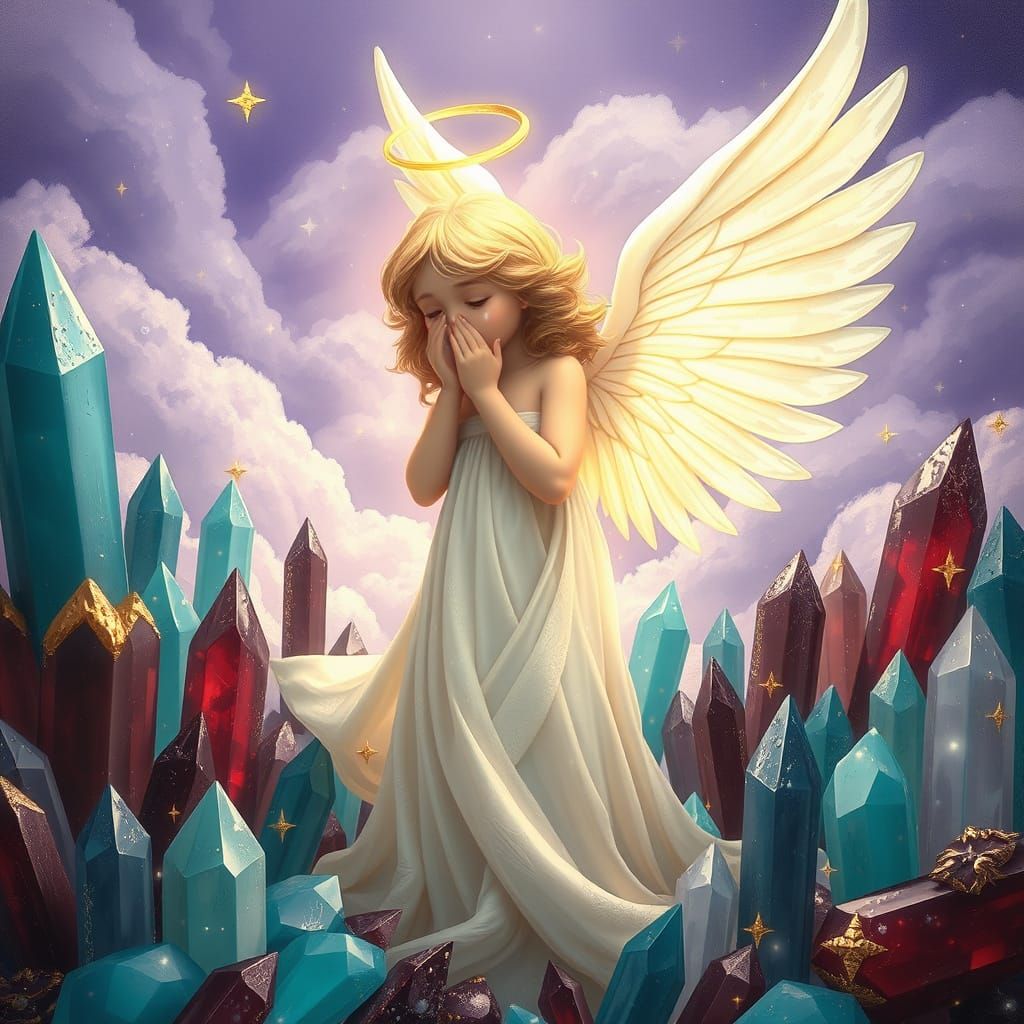 Angel Crying Amidst Crystal Landscape with Shimmering Stars