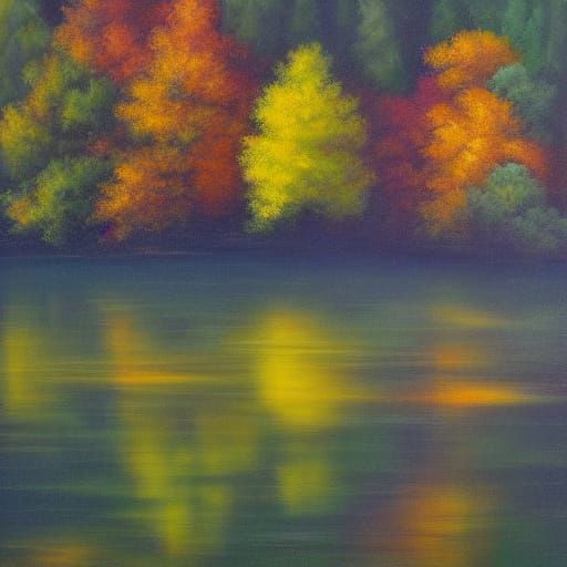 Lake and Forest Landscape Painting with Golden Light