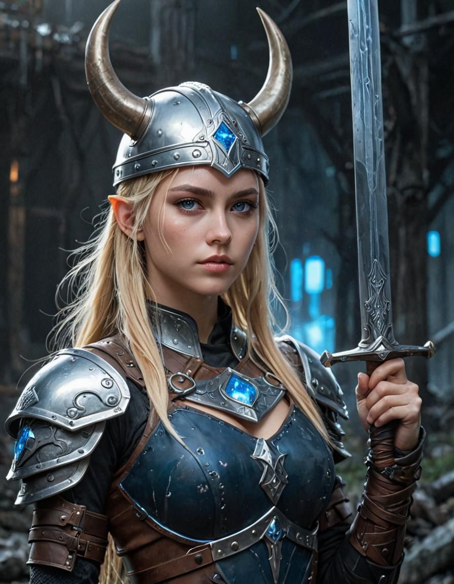 Anime Viking Warrior in Dystopian Cyberpunk City