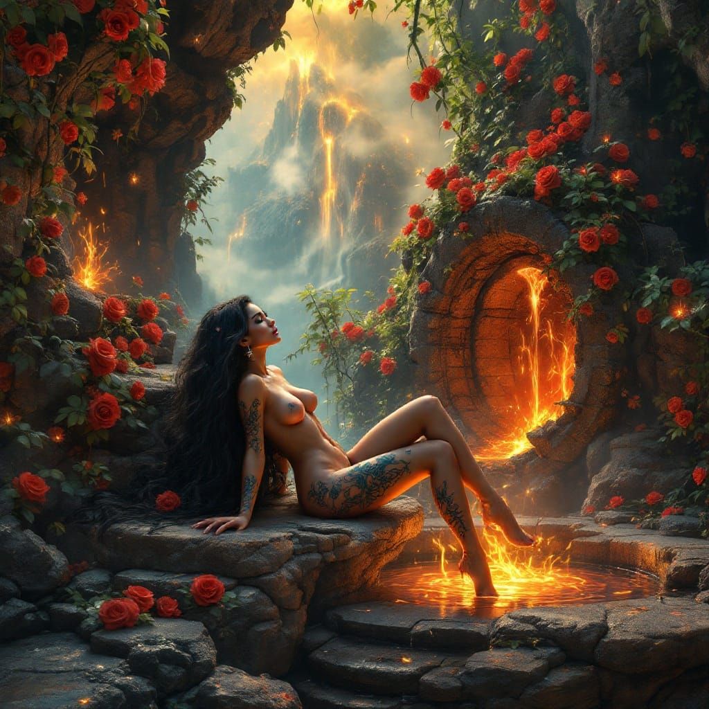 Volcanic Garden: Latina Goddess and Fire Lizards