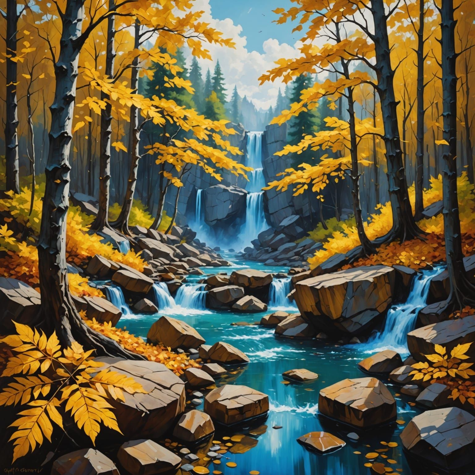 Autumn Leaves in a Luminous Gemstone Landscape