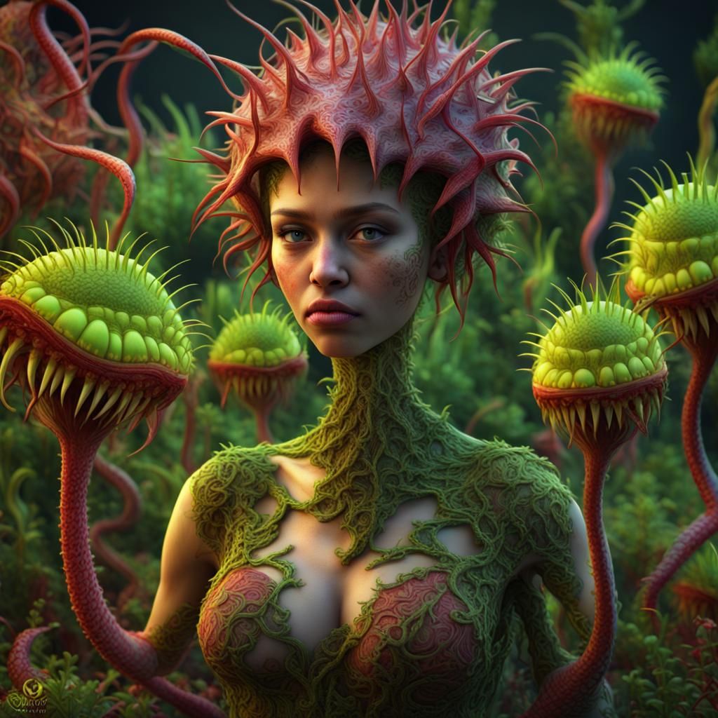 Surreal Portrait: Ugly Girl with Venus Flytrap