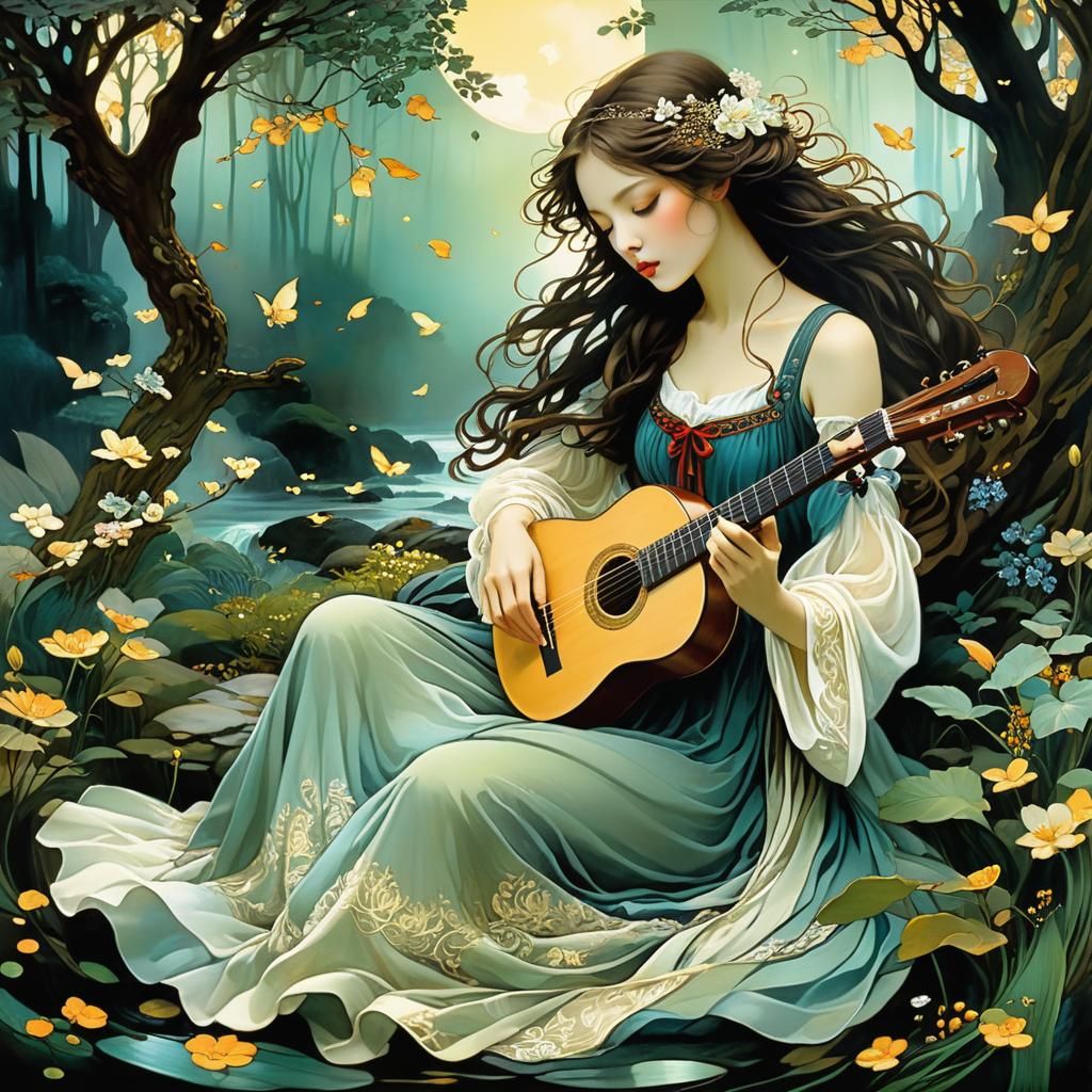 Dreamlike Landscape Painting in Art Nouveau Style