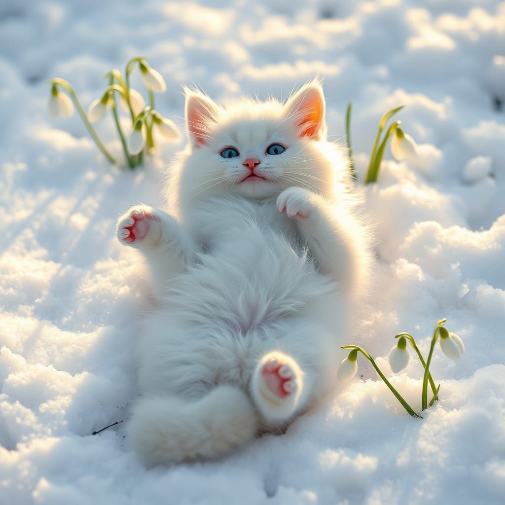 Fluffy White Kitten in Springtime Snow