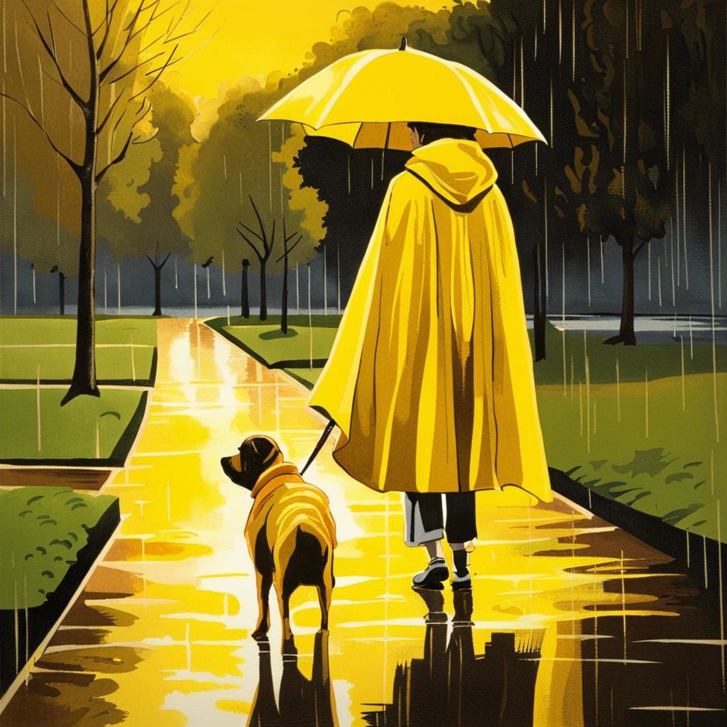 80s Girl and Dog in Rainy Park Evening