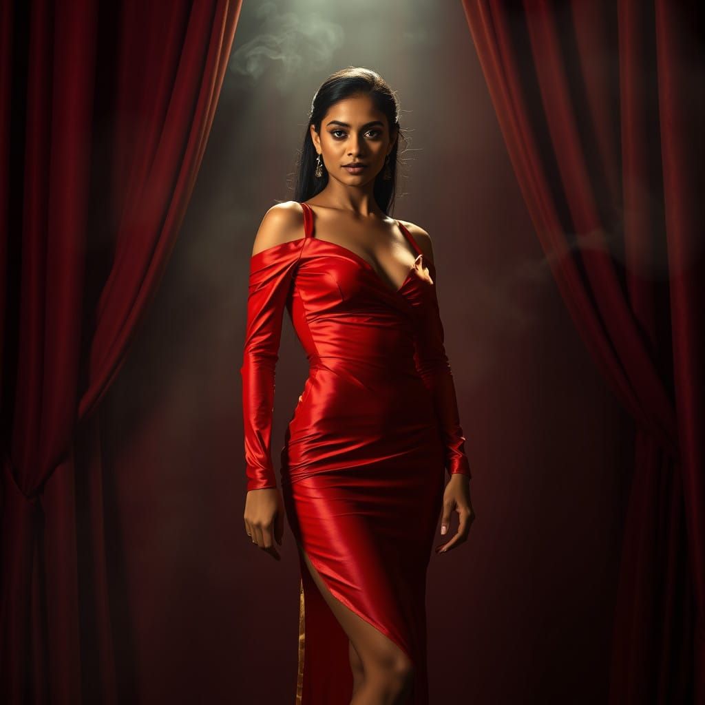 Sultry Sri Lankan Goddess in Red Velvet Gown