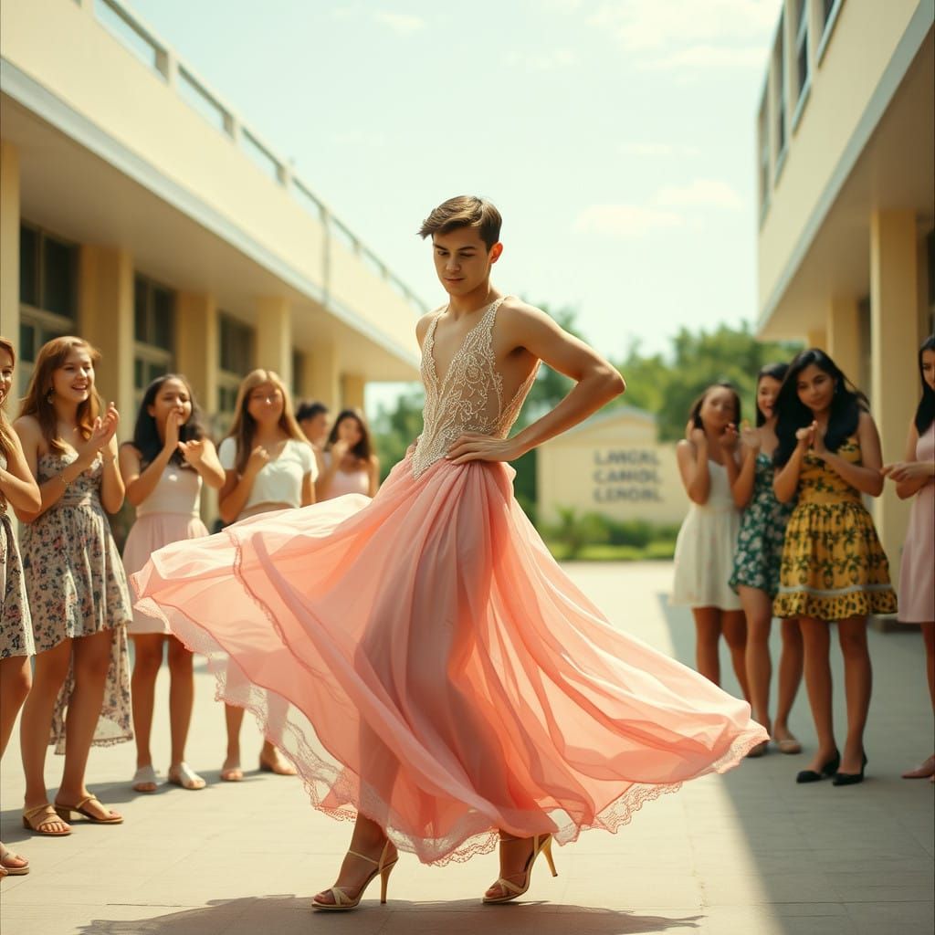 Dramatic Moment of Male Modesty Amidst High School Girls