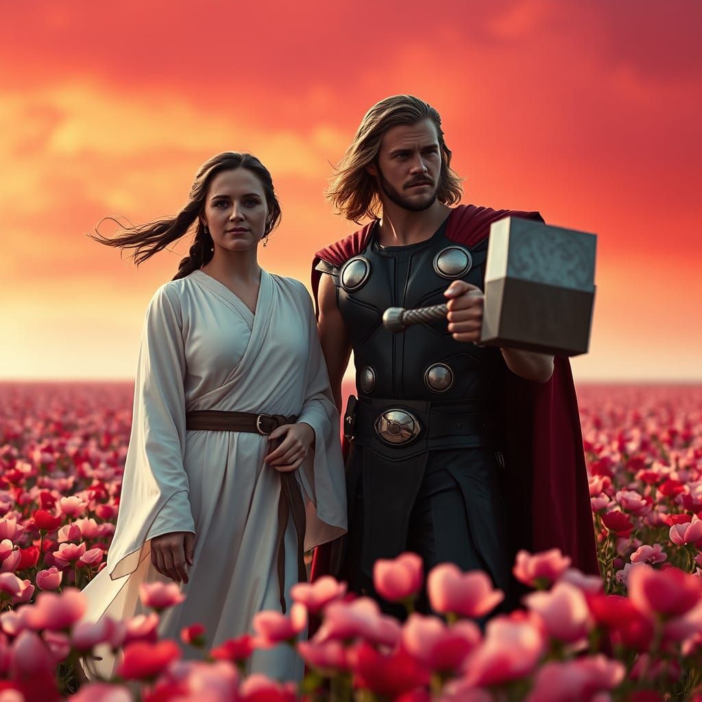 Galactic Heroes in Enchanted Rose Petal Field