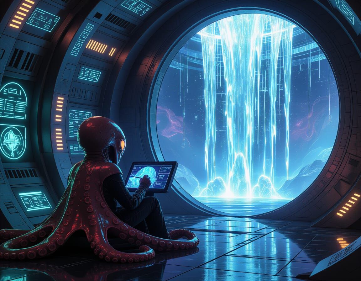Octopus Alien Painting Cosmic Waterfall in Futuristic Room