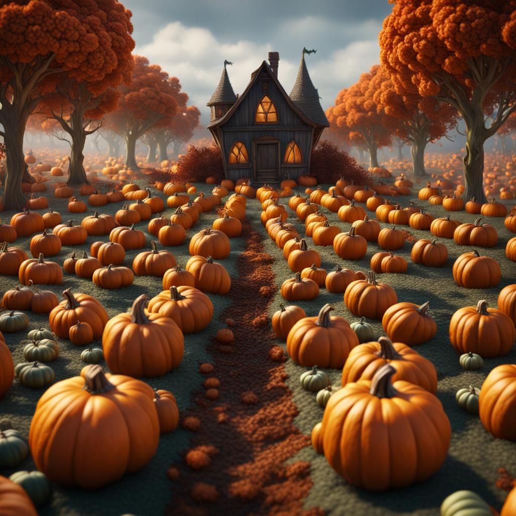 Crochet Pumpkin Field: Detailed Digital Art
