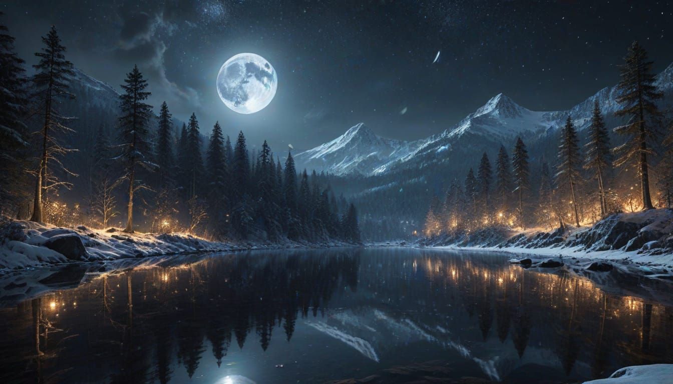 Epic Appalachian Mountain Lake Forest Under Full Moon