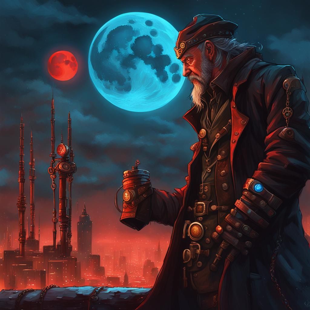 Steampunk Blood Moon Wizard in Dark Cityscape