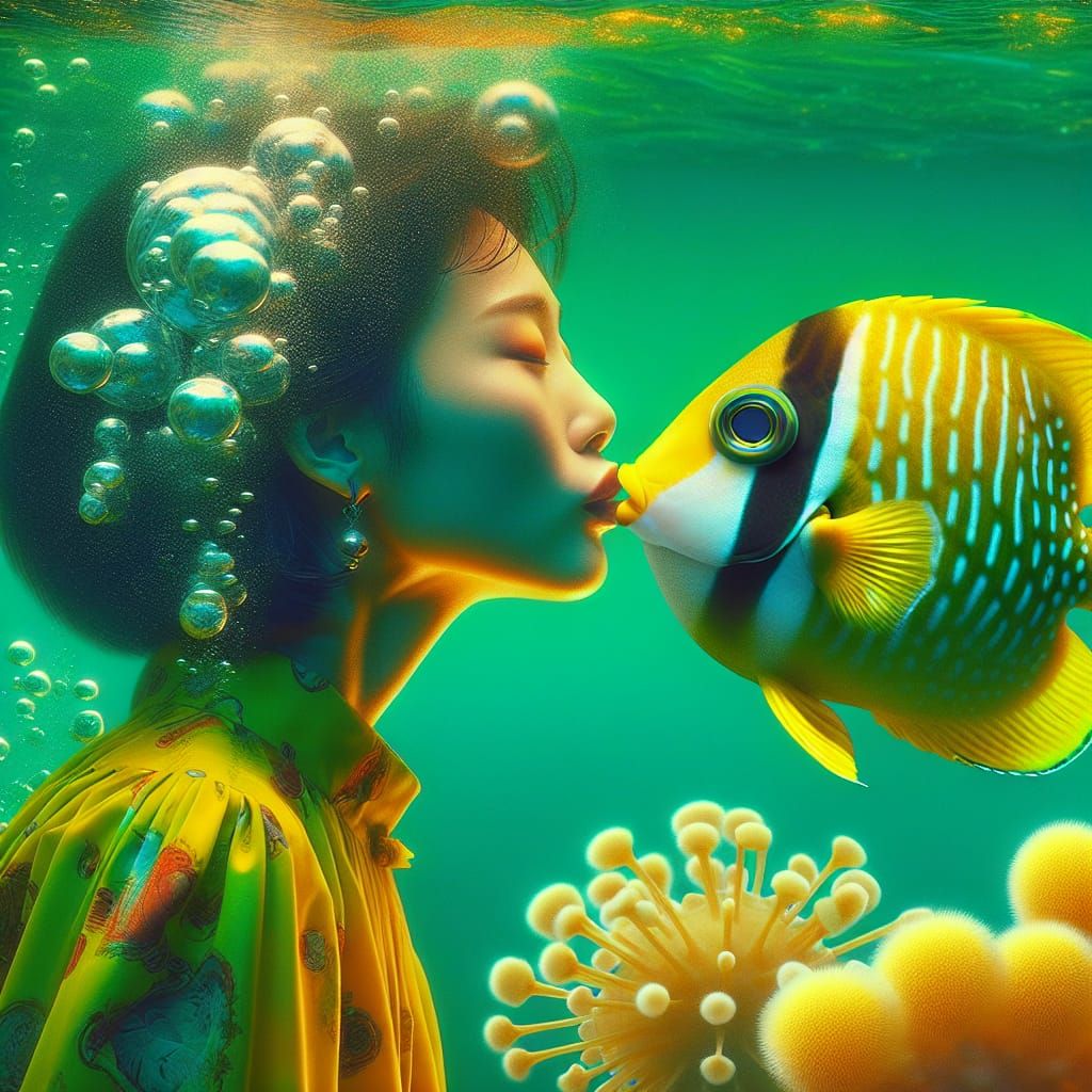 Surreal Kiss: Diver and Pufferfish in Dreamscape