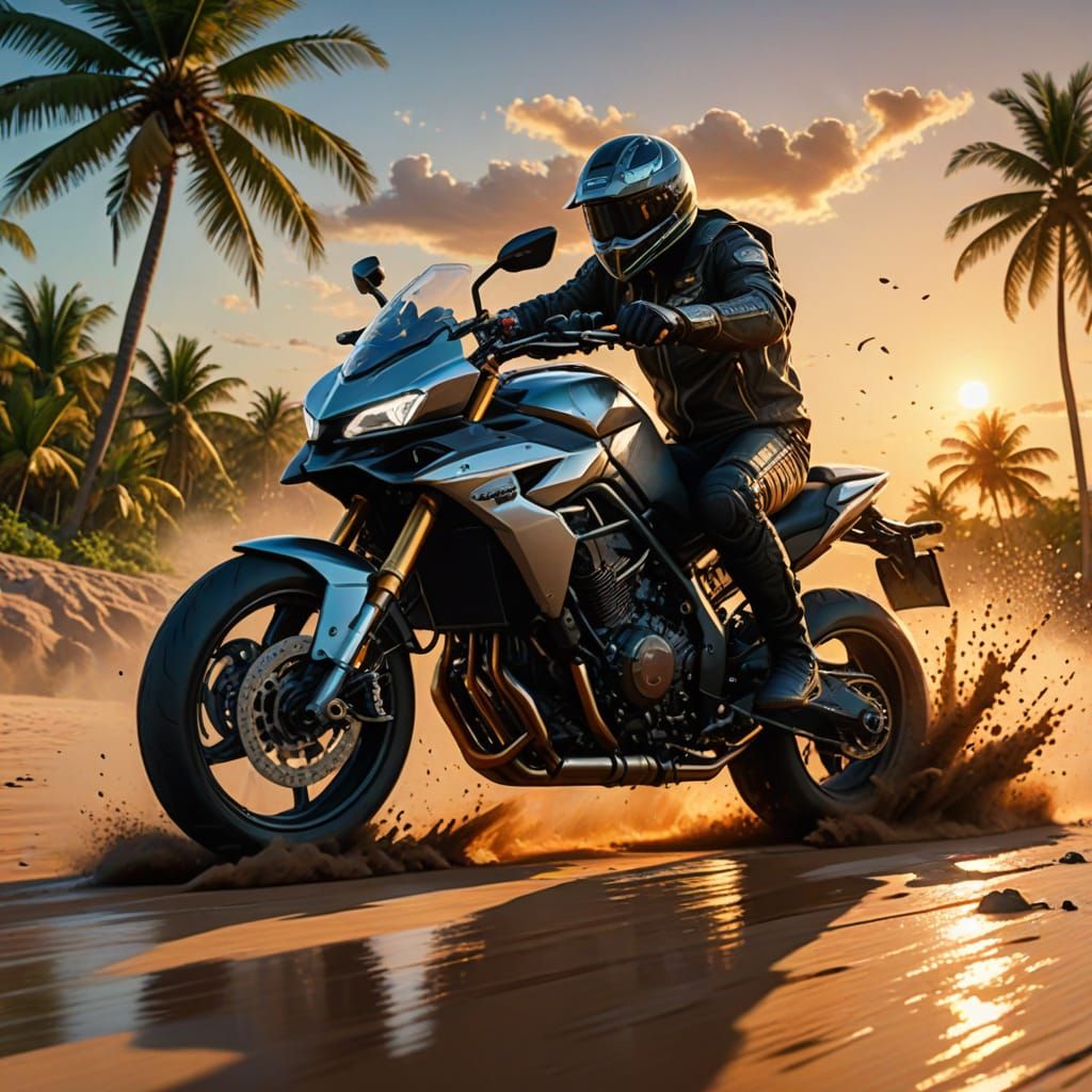 Motorcycle Stunts on Tropical Beach in Photorealistic Style