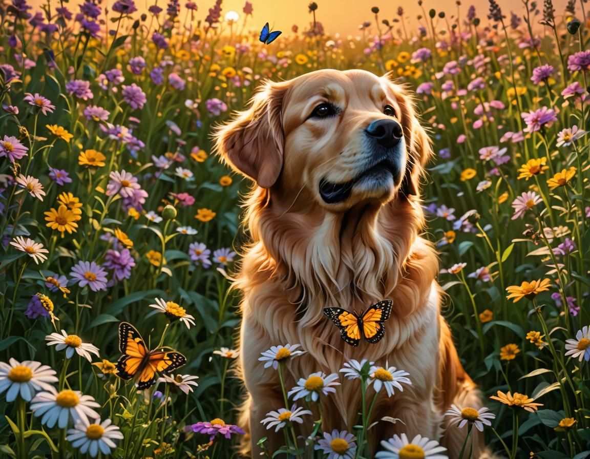 Golden Retriever and Butterfly in Sunny Field