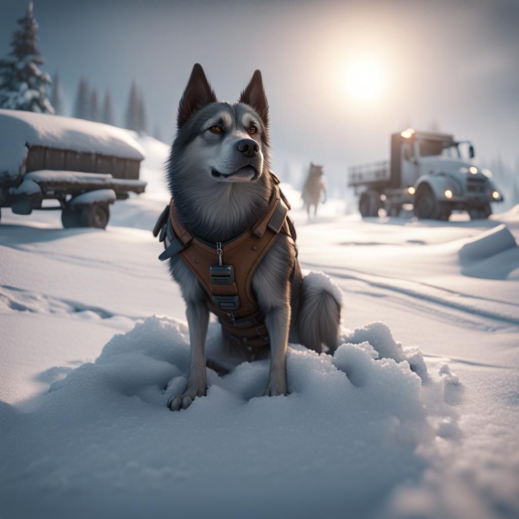 Dog Watches Truck in Snowy 3D Rendering