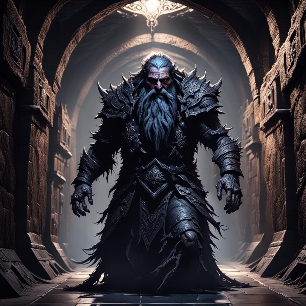 Eerie Shadow Creature in Dark Dwarven Hallway