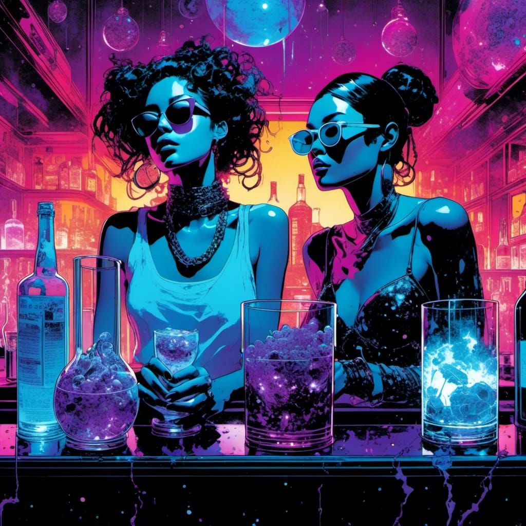 Sci-Fi Cyborgs at Bar in Maximalist Style