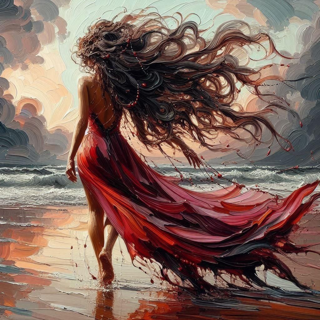 Red Dress Oil Painting in Impasto Style