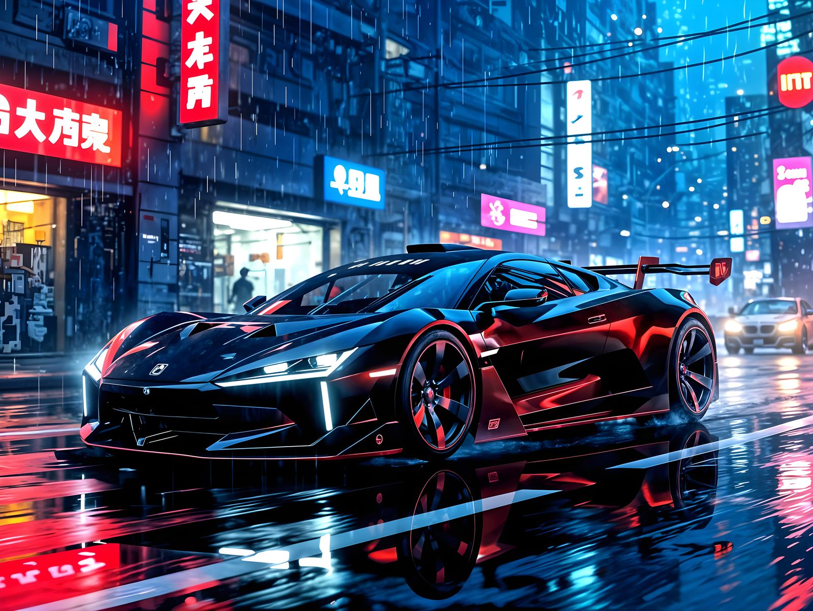 Cyberpunk Coupe Car in Rainy Cityscape