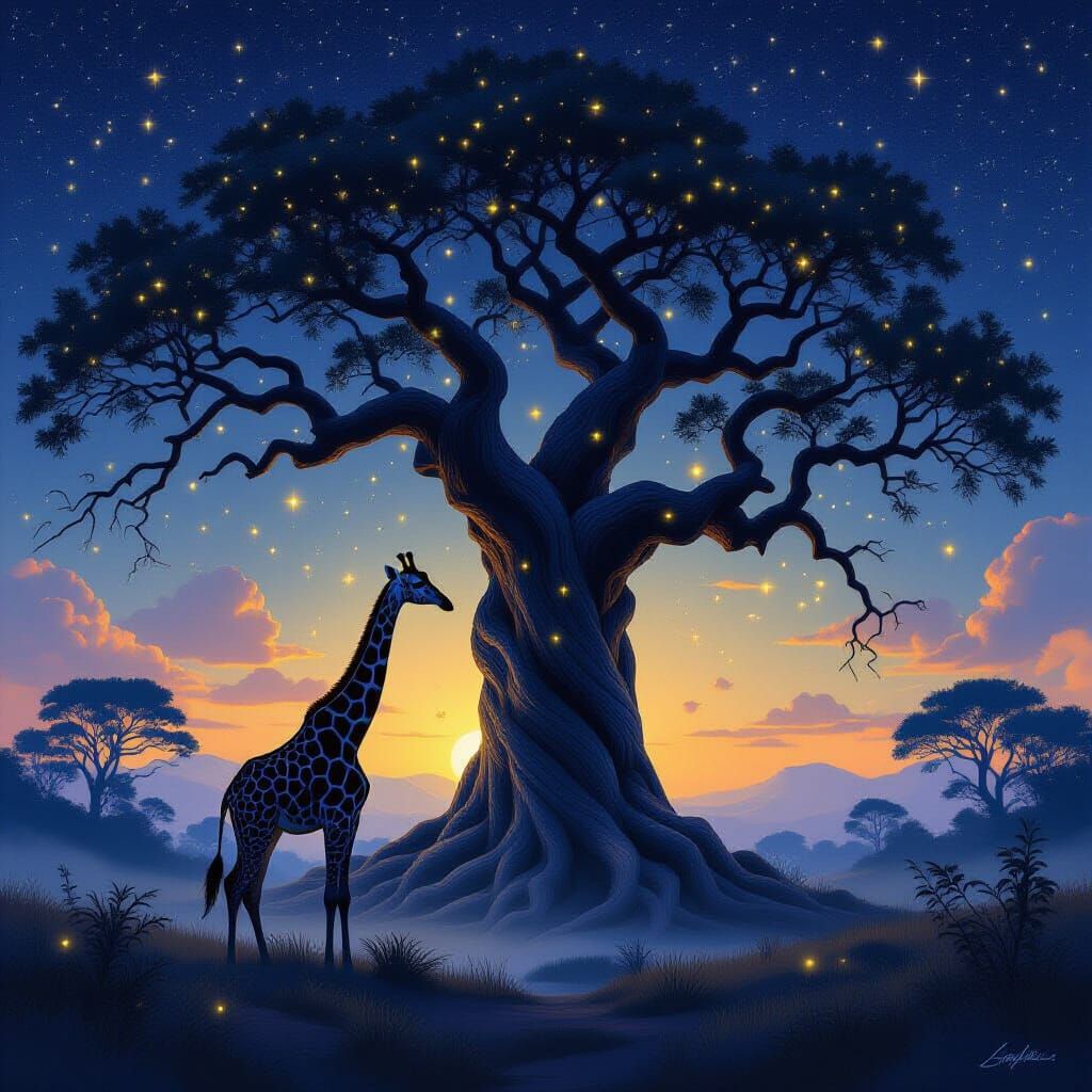 Starry Giraffe Under Dreamlike Tree