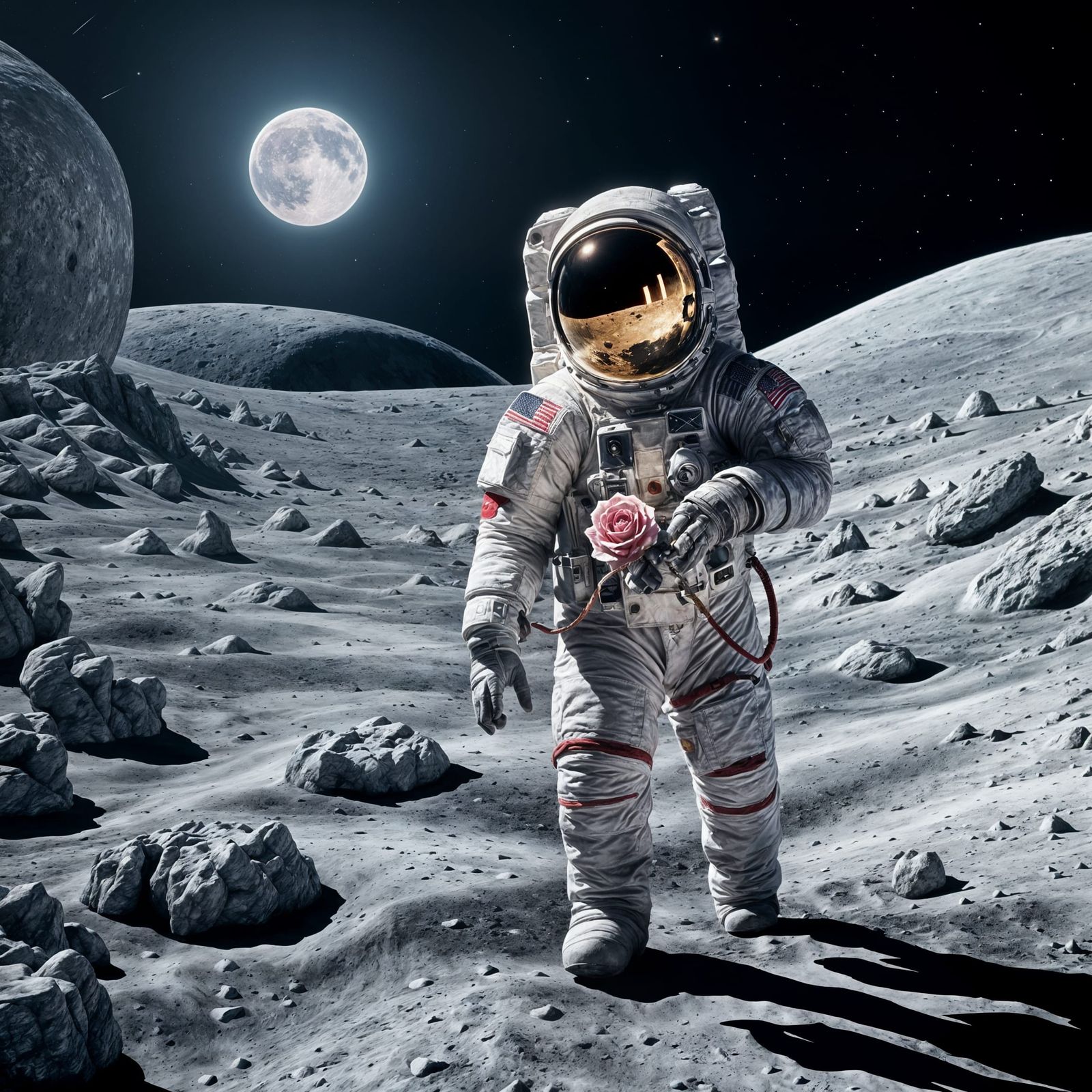 Astronaut on Moon with Rose in Hand