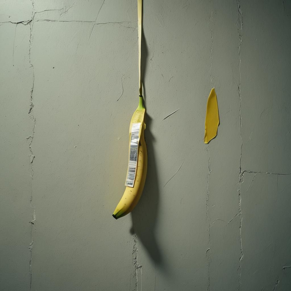Banana Taped to Wall: Cinematic Film Still