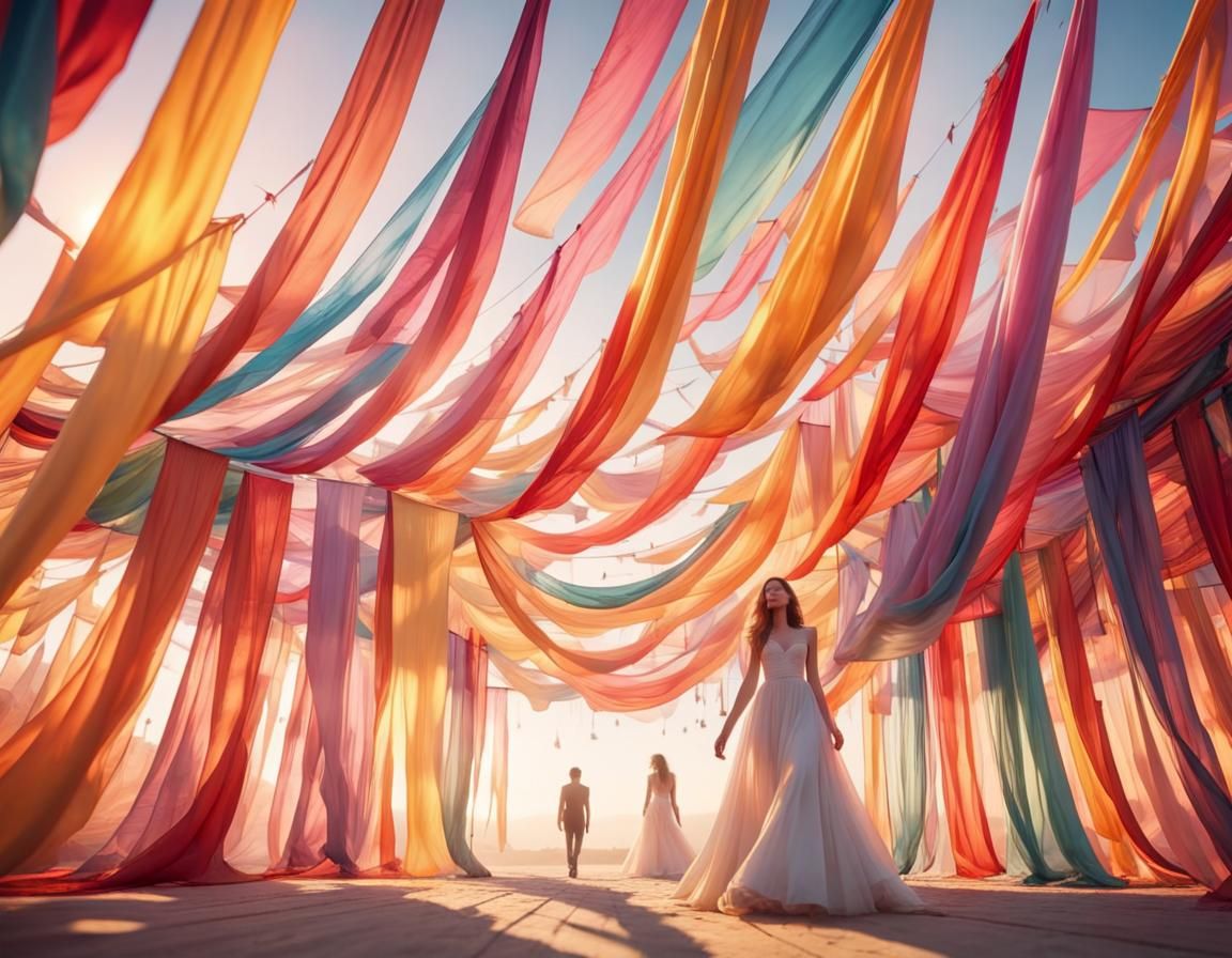 Multicolor Silk Banners in Magic Hour Lighting
