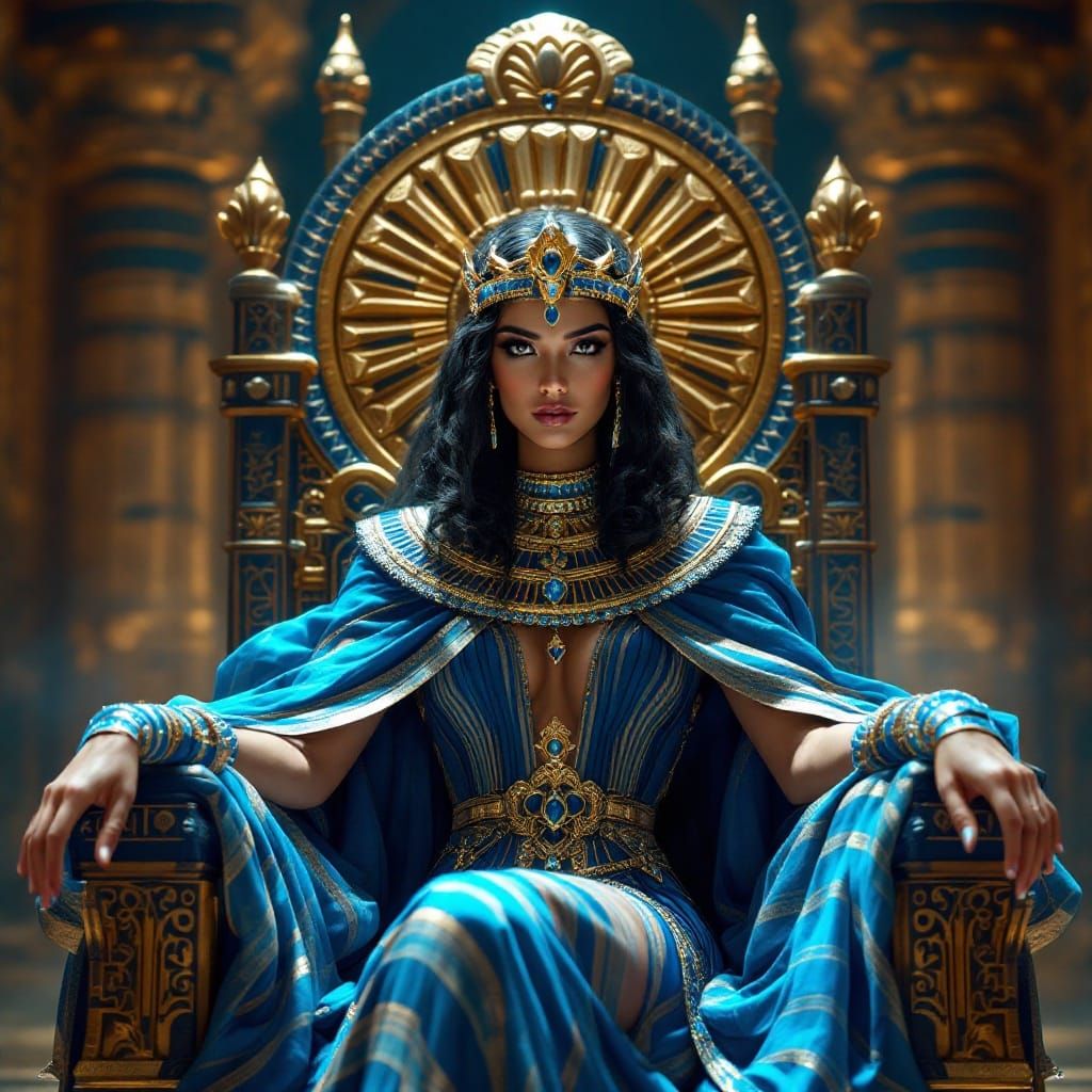 Egyptian Goddess Isis in Golden Lotus Crown and Royal Blue K...