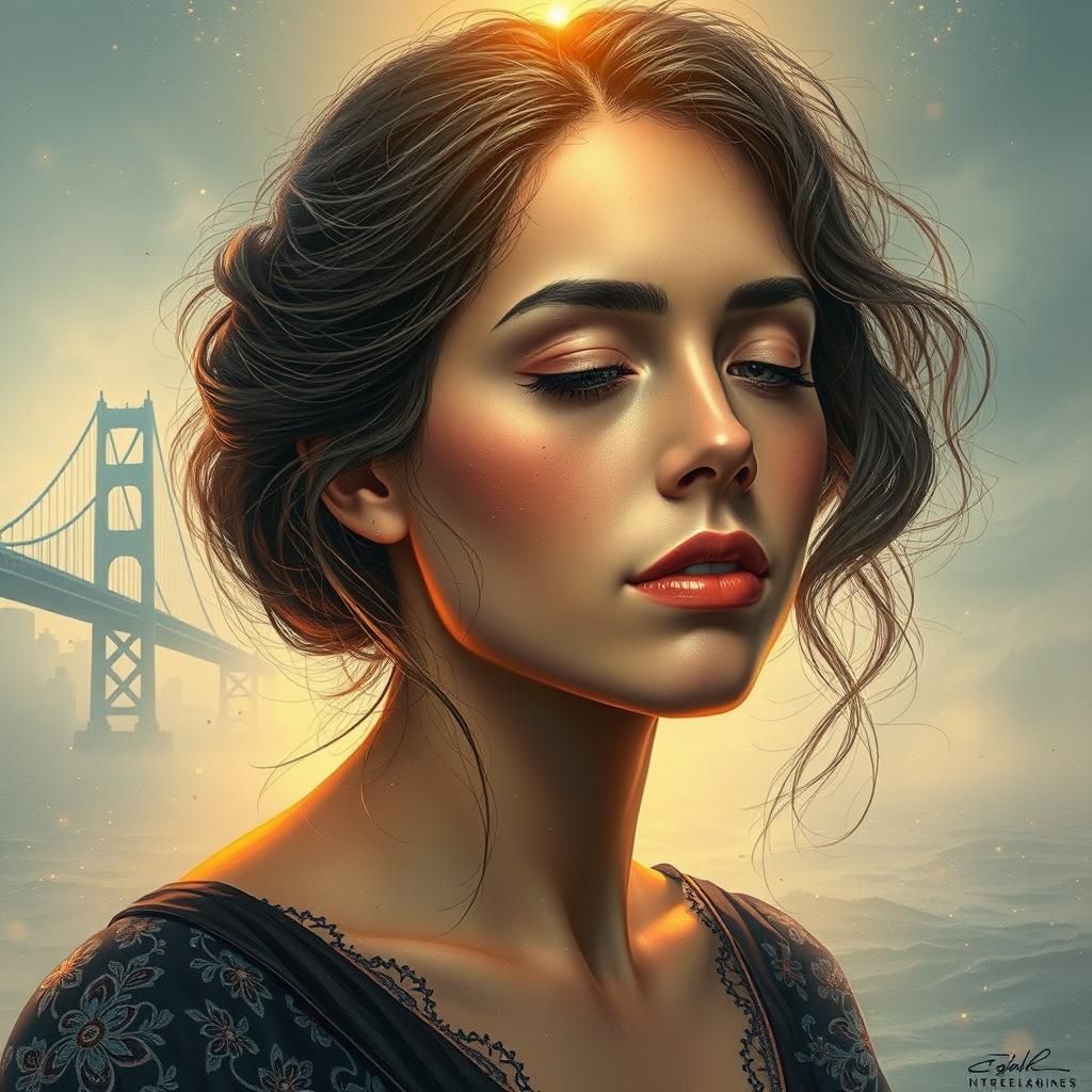 Serene Woman Contemplates Mystical Bridge, Art Nouveau Style