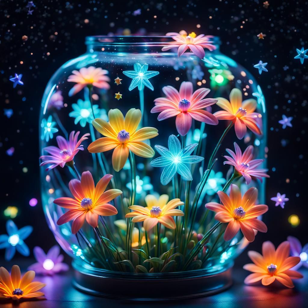 Glowing Neon Flowers in Jar Under Starry Sky