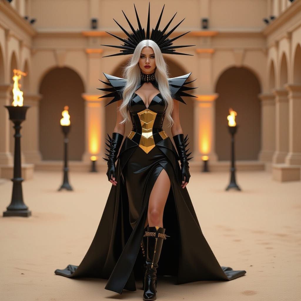 Woman in Latex Strides Through Torch-Lit Desert