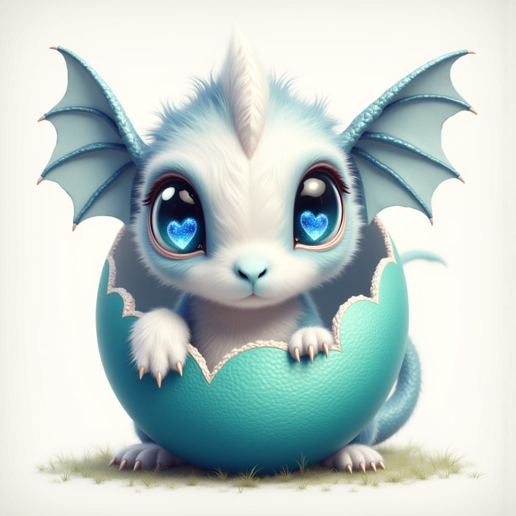 A white and blue cute furry baby  love dragon. She has a hea...