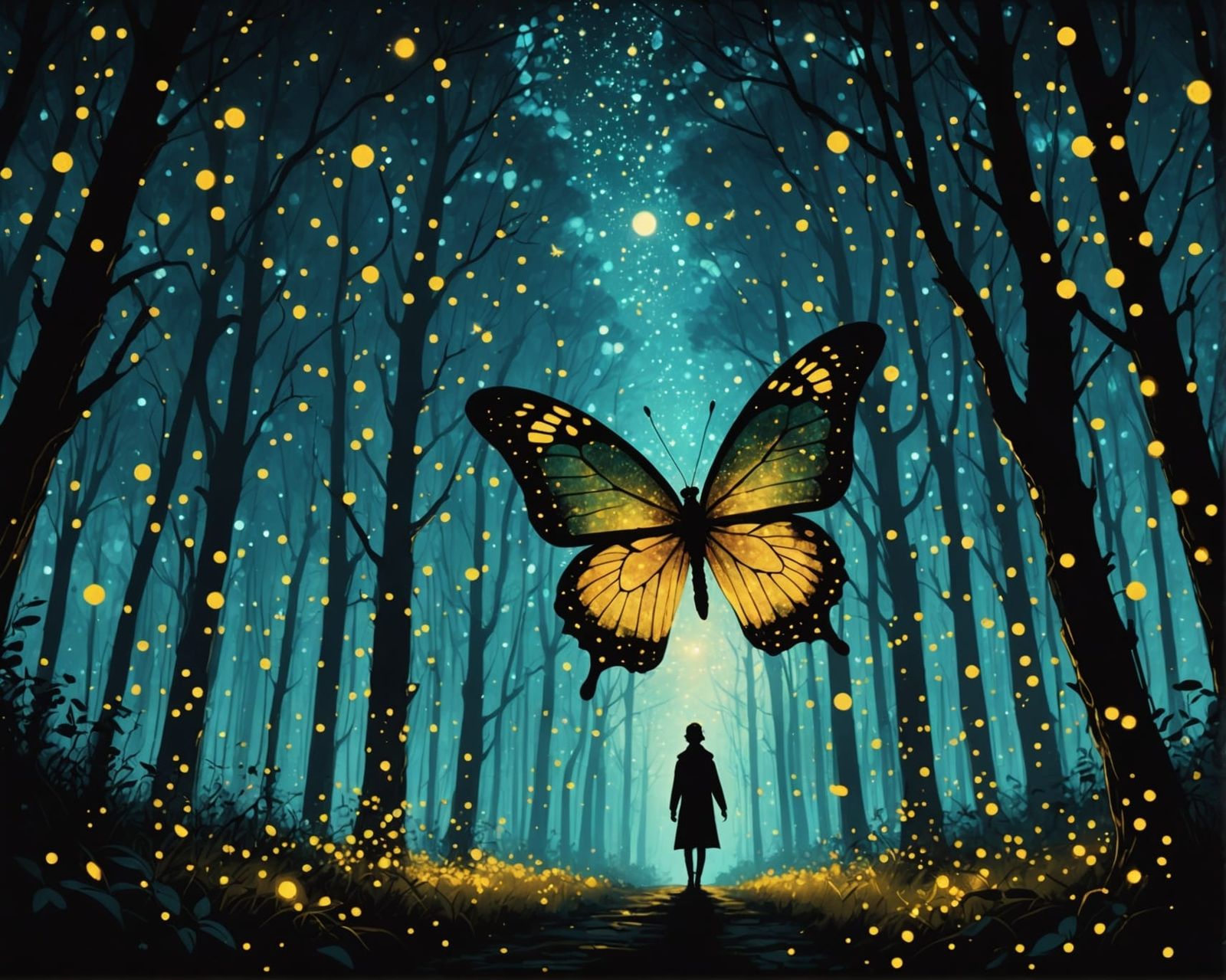 Butterfly Silhouette in Firefly Forest at Night