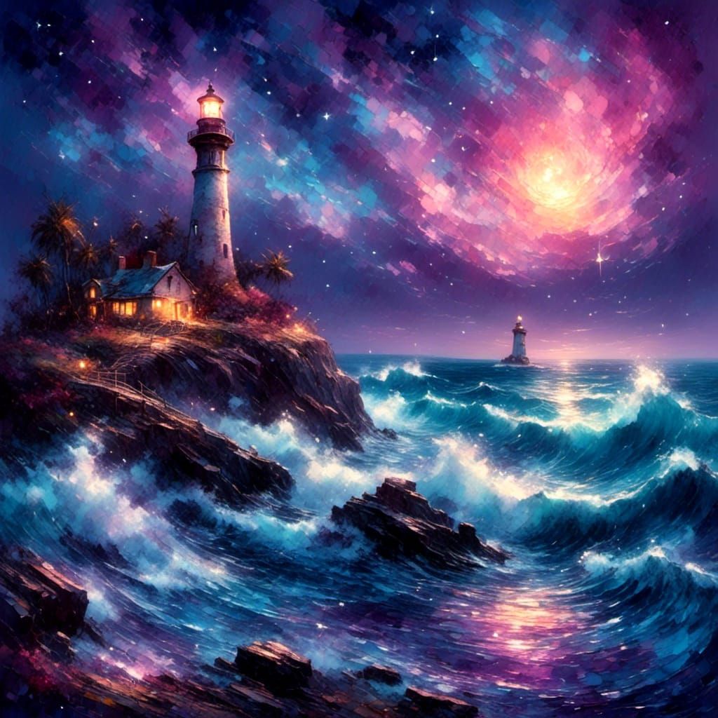 Picturesque Lighthouse Island Under Starry Night Sky