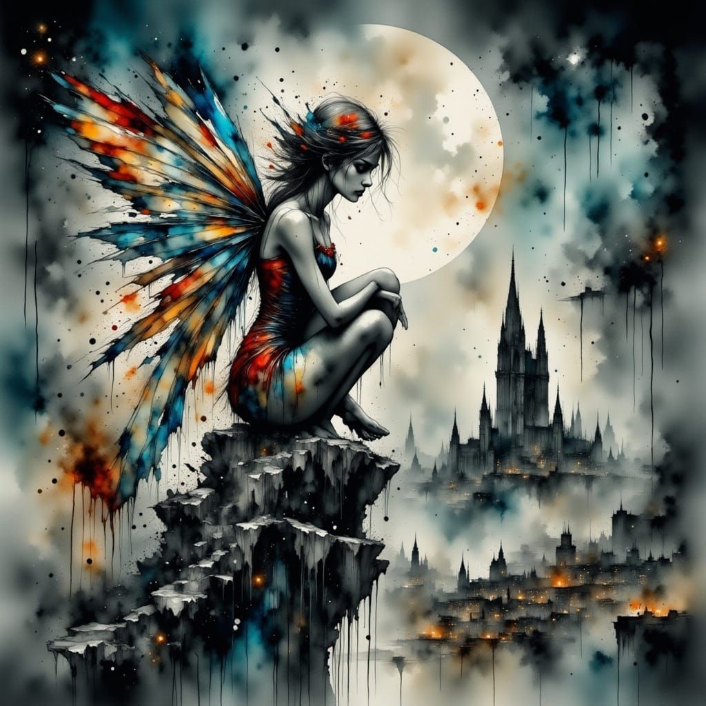Fairy with Stained Glass Wings on Gargoyle in Gothic City