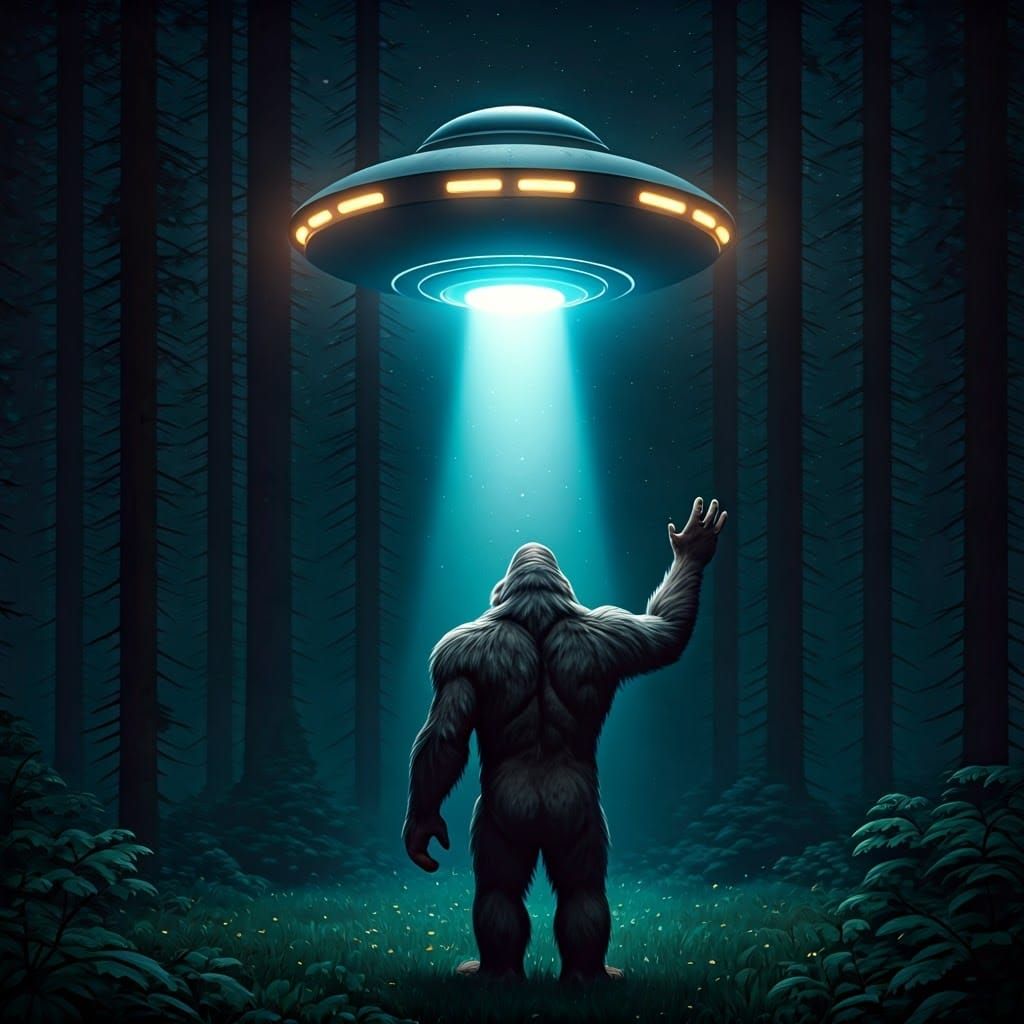 Bigfoot Waves to UFO in Forest Clearing