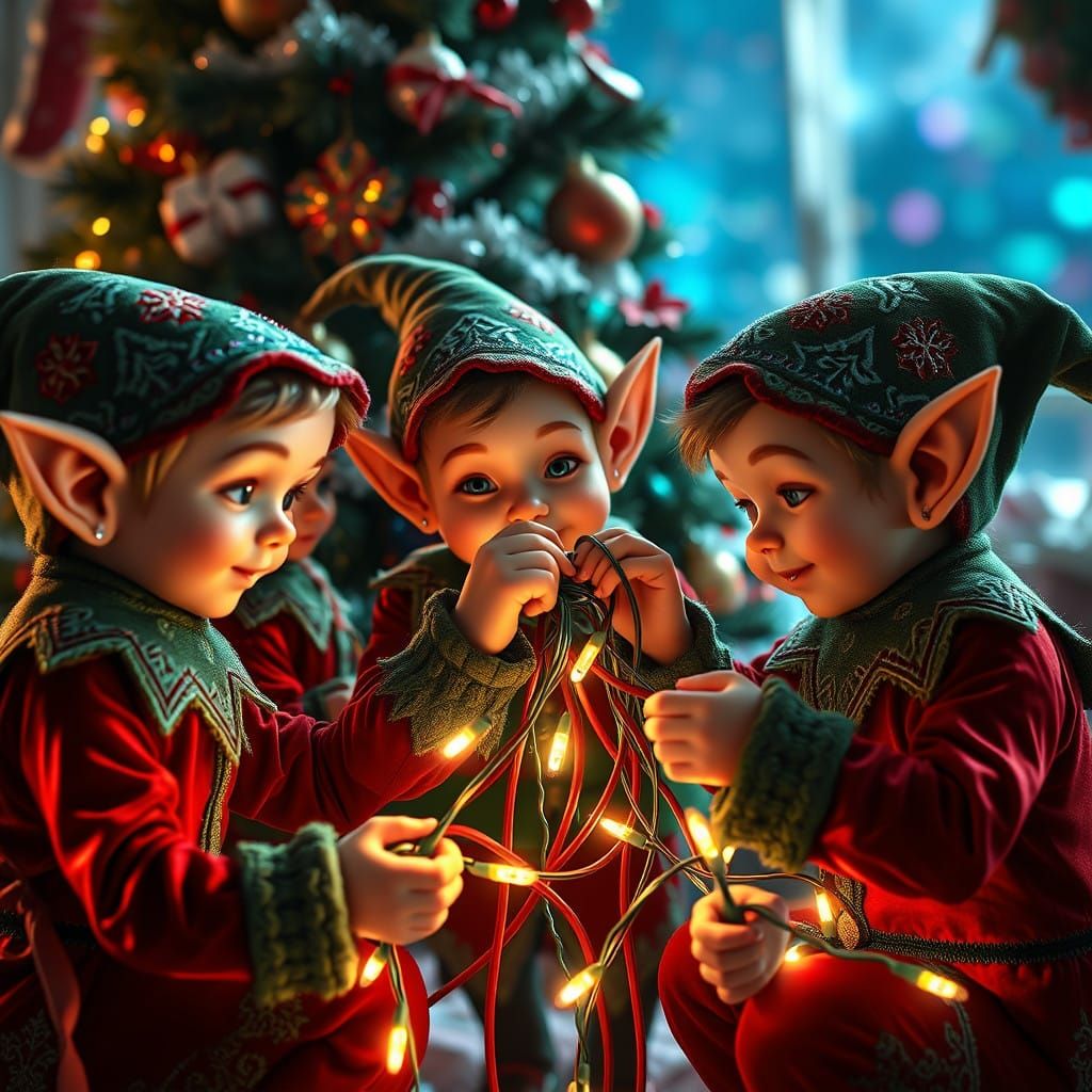 Christmas elves tying strings of lights up in knots,