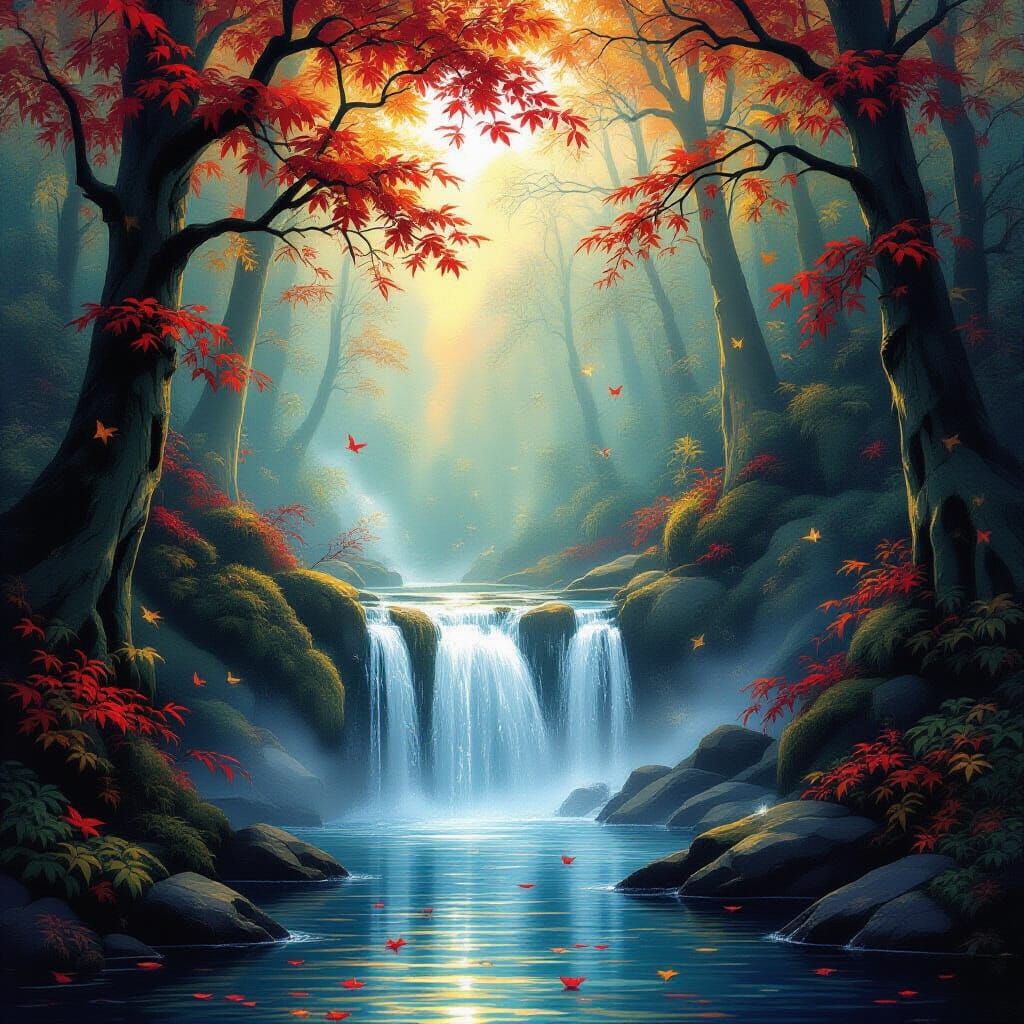 Enchanted Waterfall With Glowing Water in Autumn Forest